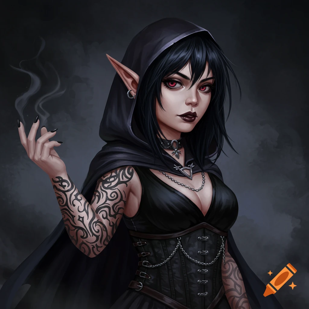 A dark elf woman in a black hooded cloak with tattoos and red eyes