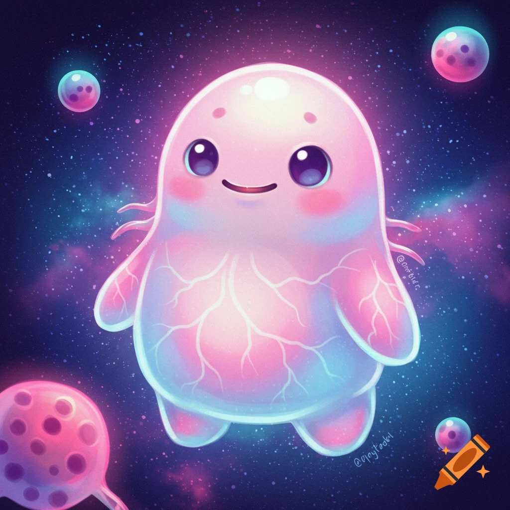 A cute pink blob creature with big eyes floats in a starry space background with pink planets.
