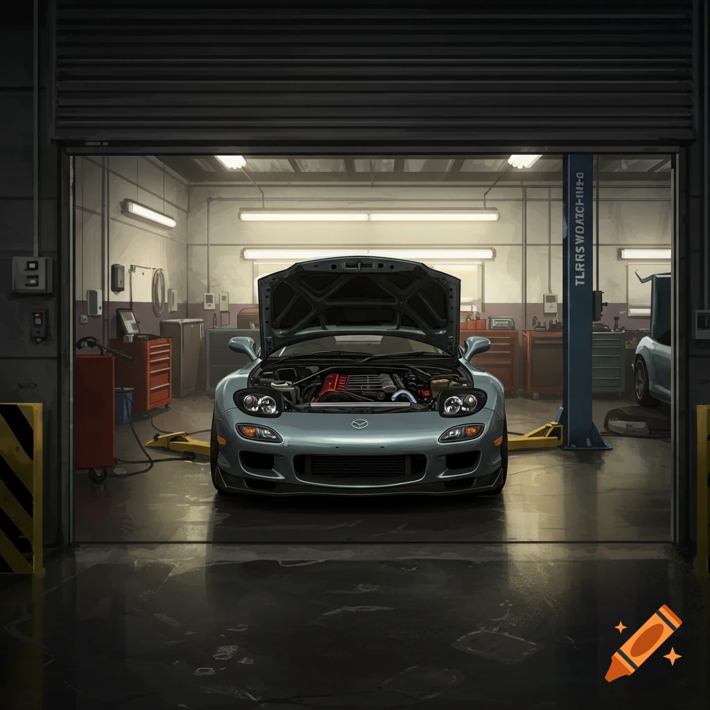 A Mazda RX-7 with its hood open sits in a mechanic's garage.