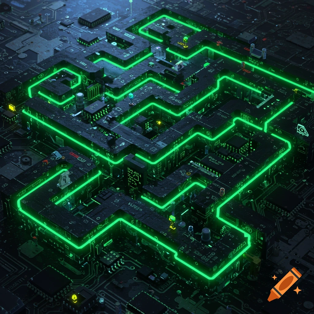 A maze of glowing green lines on a dark circuit board.