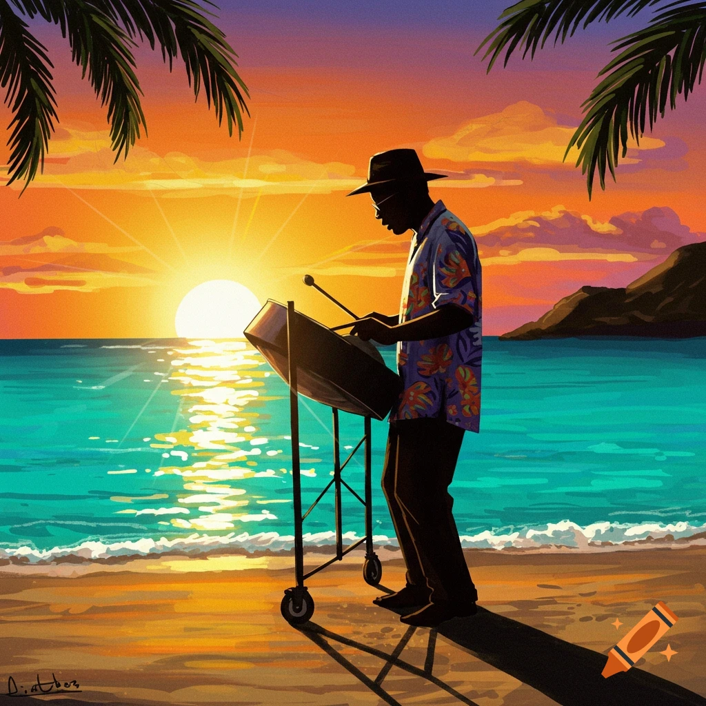 A silhouette plays a steelpan on a beach at sunset.