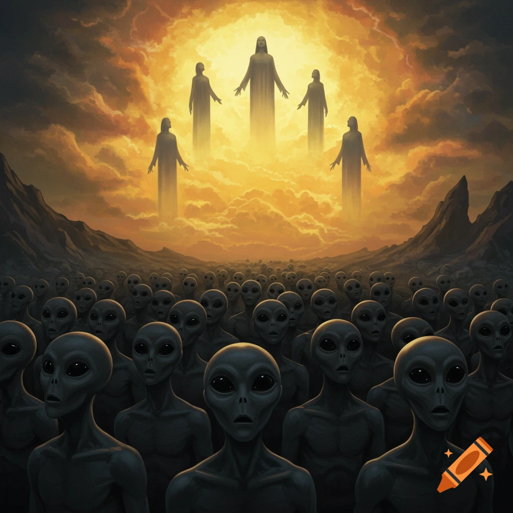 grey aliens looking up at floating figures in a bright, cloudy sky.