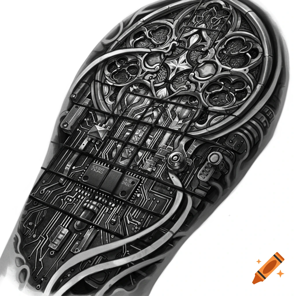 Black and grey tattoo design combining circuit board patterns with gothic architecture elements.