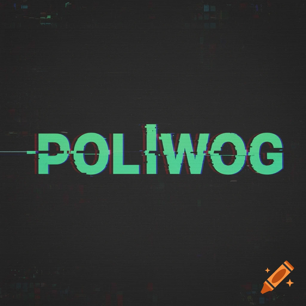 Stylized green text 'POLIWOG' with red and blue glitch effects on a dark background.