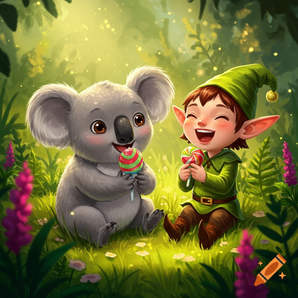 Cute koala and elf sitting in a sunny forest, eating lollipops and laughing.