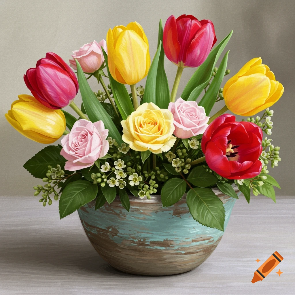 A bouquet of red, yellow, and pink tulips and roses in a pot.