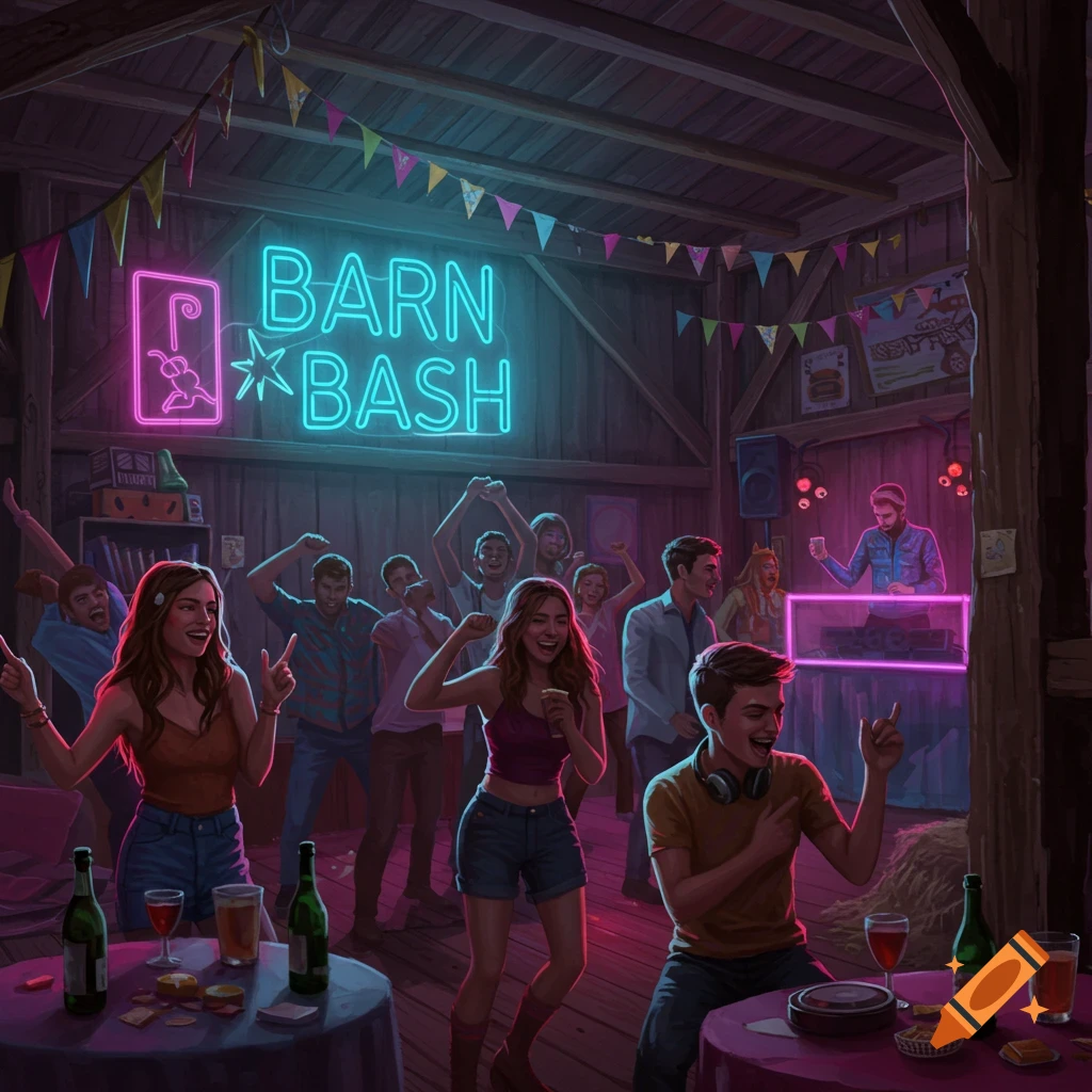 people dancing at a barn party with a neon sign.