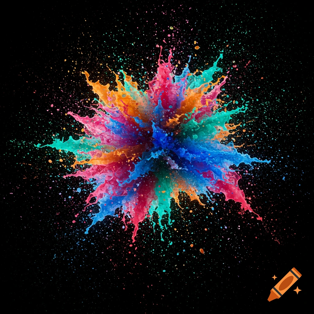 A vibrant, multi-colored paint splash explodes against a dark background.