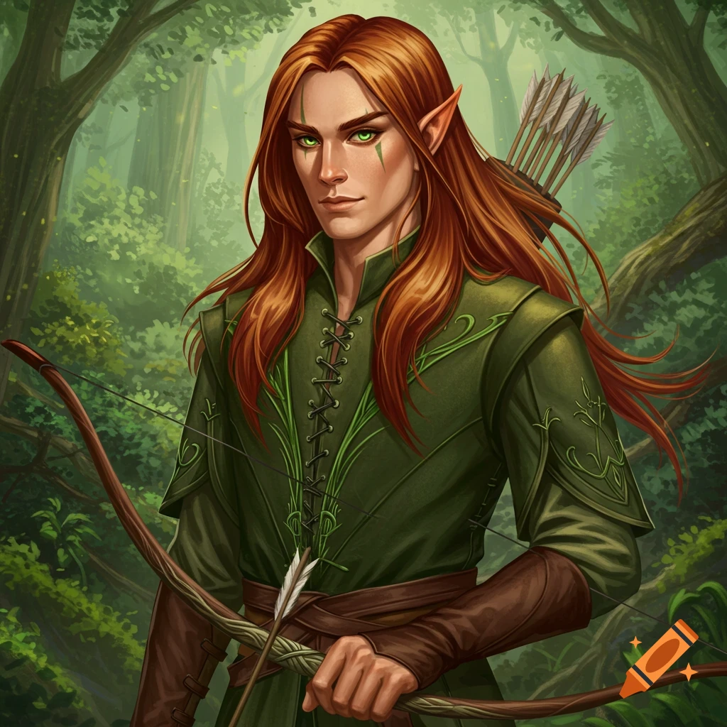 an elf archer with long red hair and green eyes, holding a bow in a forest