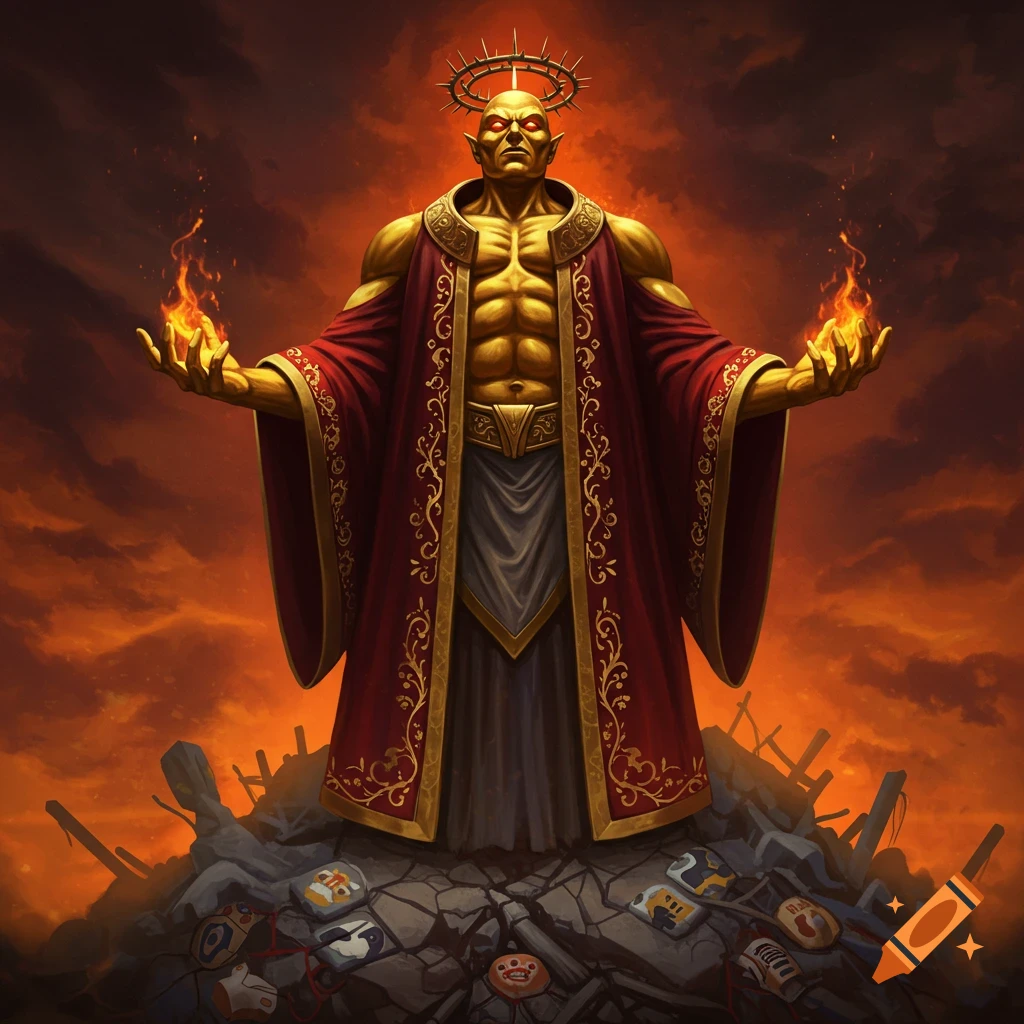 A golden figure with red eyes and a spiky halo stands on rubble, holding flames, against a fiery sky.