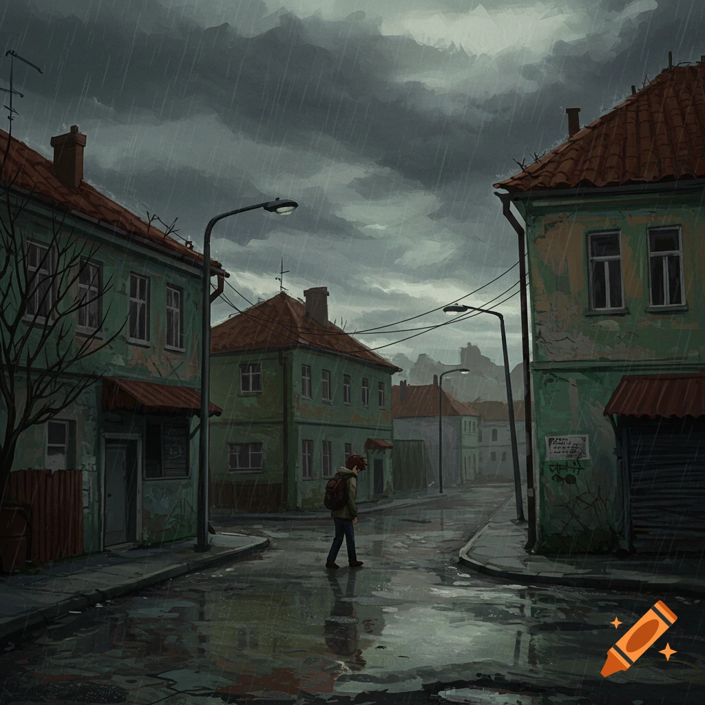 A figure walks down a rainy street between old buildings.