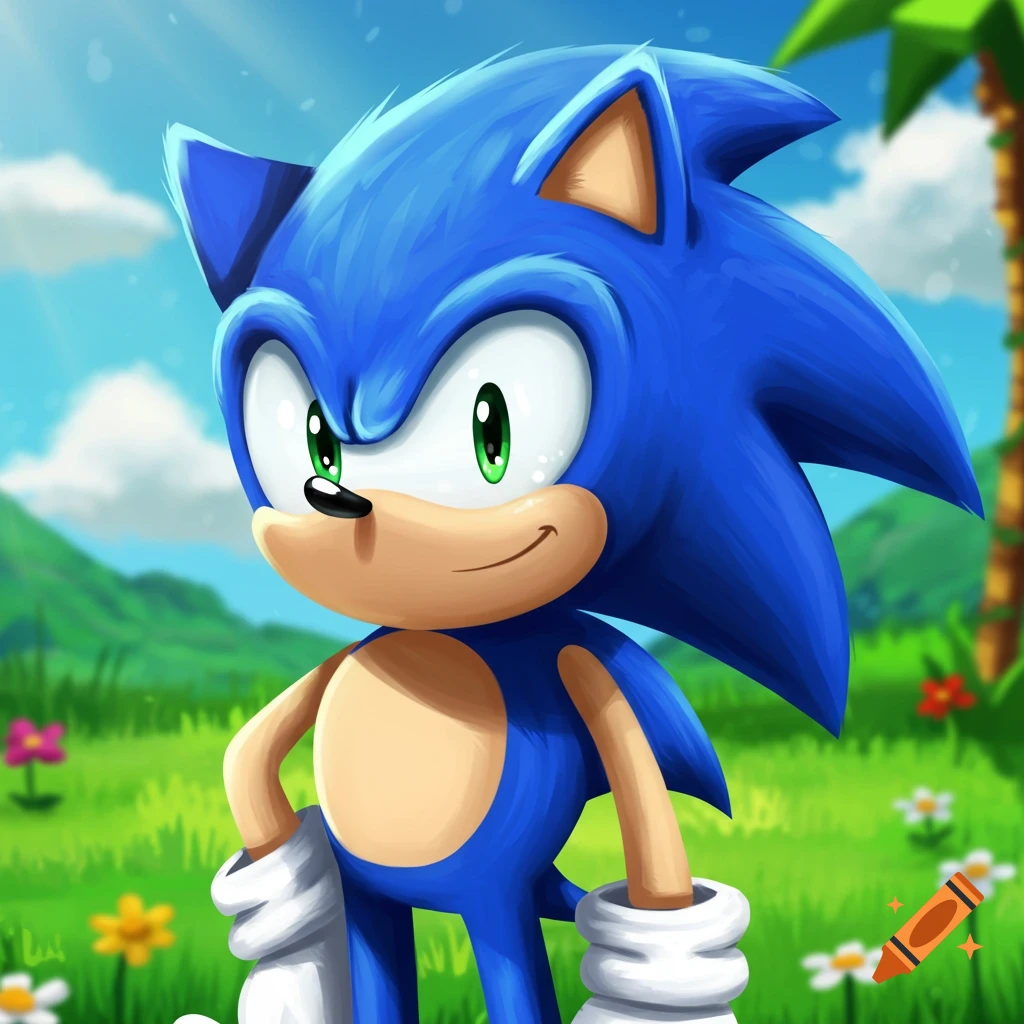Sonic the Hedgehog standing in a sunny grassy field.