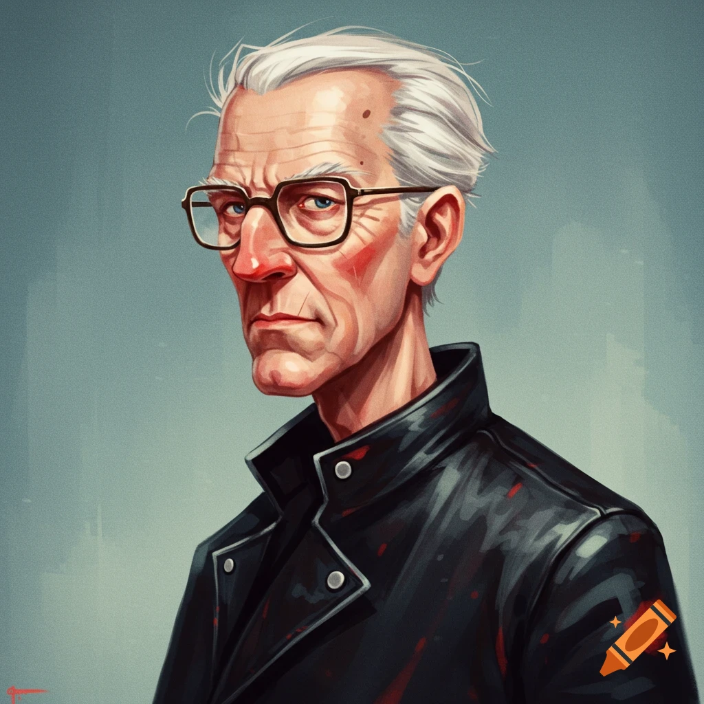 A close-up of an older man with white hair and glasses, wearing a black jacket.
