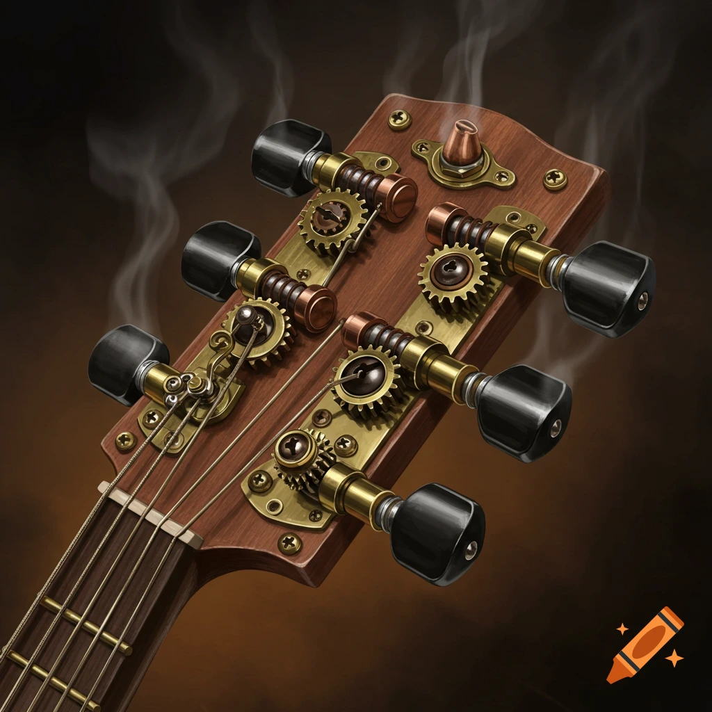 A guitar headstock modified with steampunk gears and metal, with steam rising.