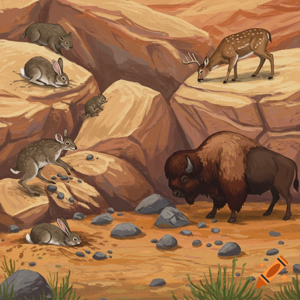 A bison, deer, rabbits, and rodent are gathered among rocks in a desert.