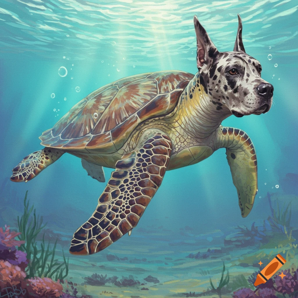 A hybrid creature with a Great Dane head on a sea turtle body swimming underwater.