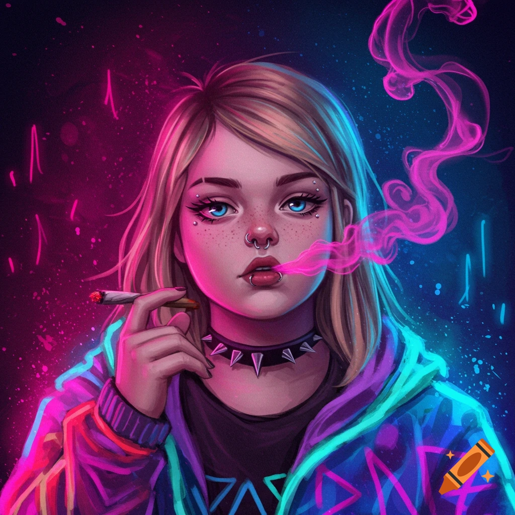 A person with piercings and a spiked collar smoking in neon style.