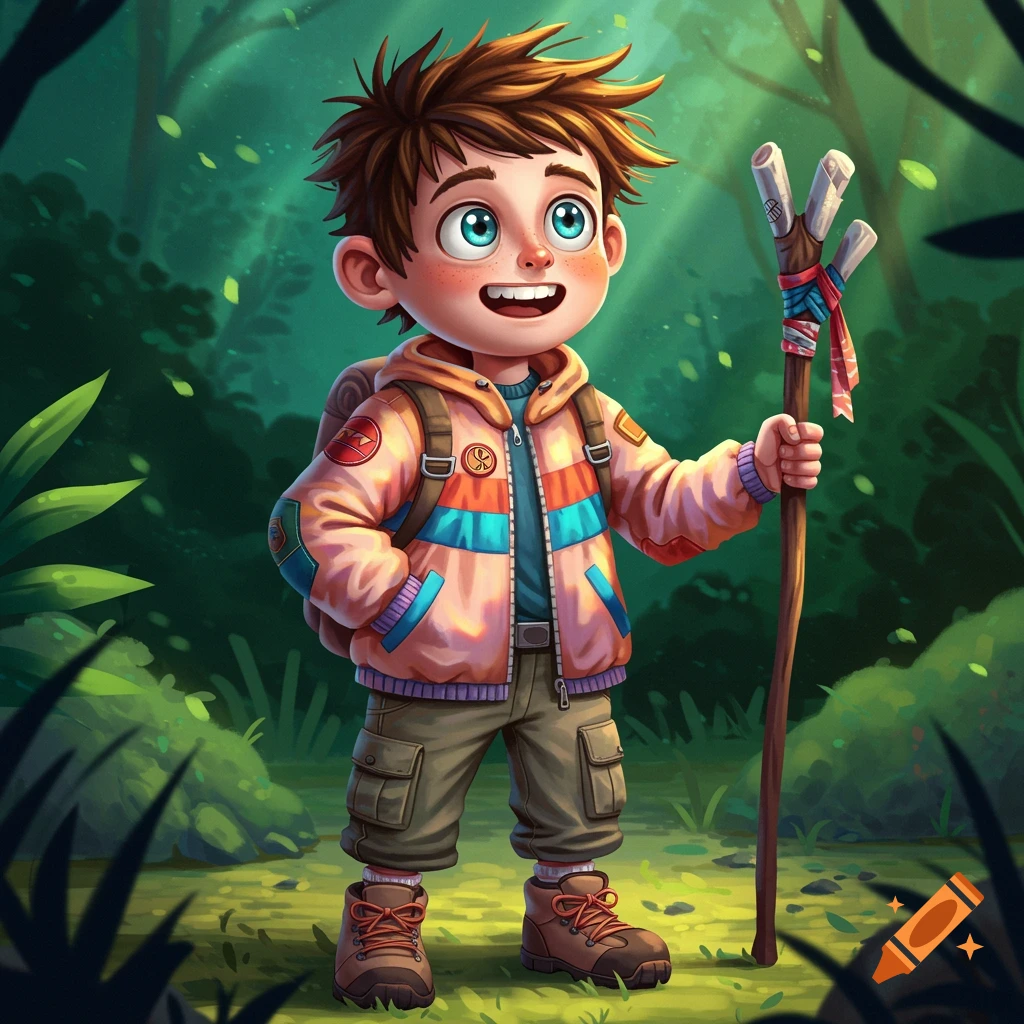 A cartoon boy with a backpack and walking stick smiles while hiking in a forest.