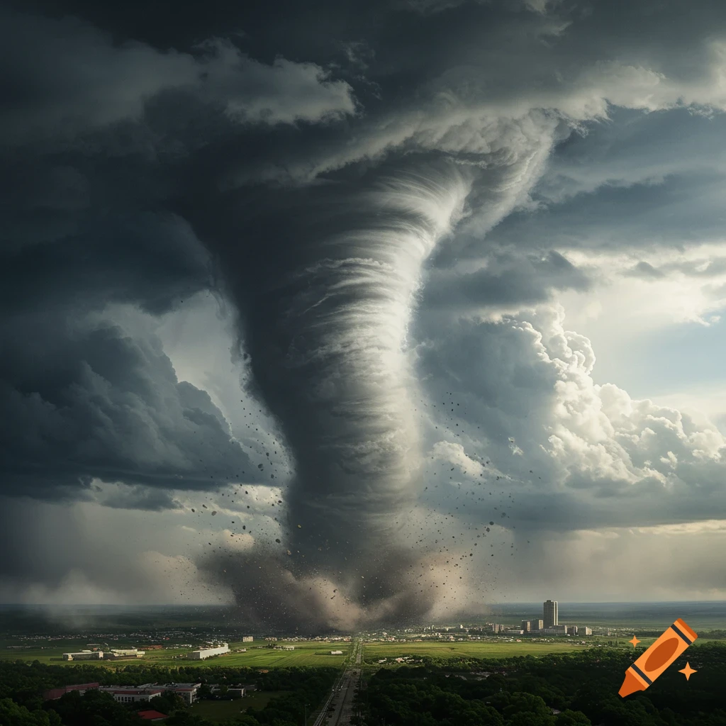 A massive tornado looms over a city and landscape in a dramatic depiction.