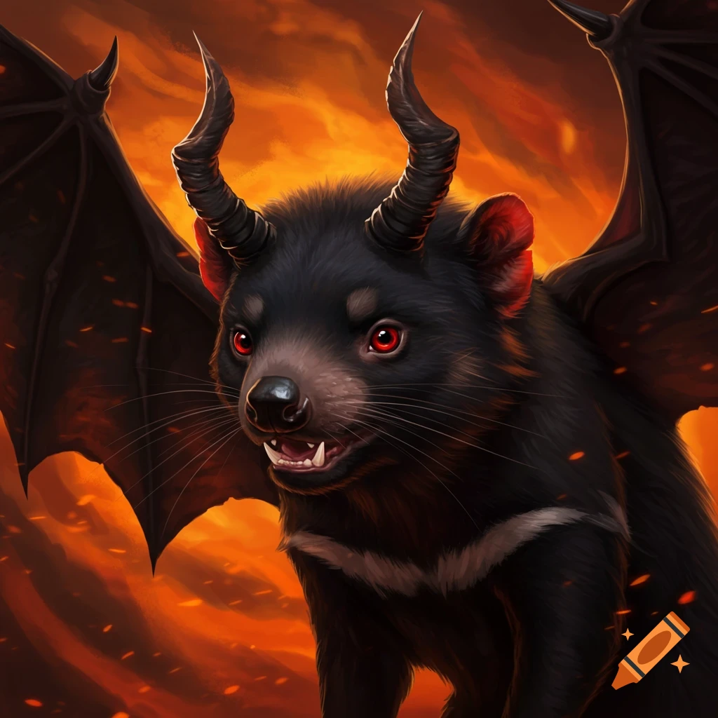 A black, furry creature with devil horns and bat wings stands against a fiery background.