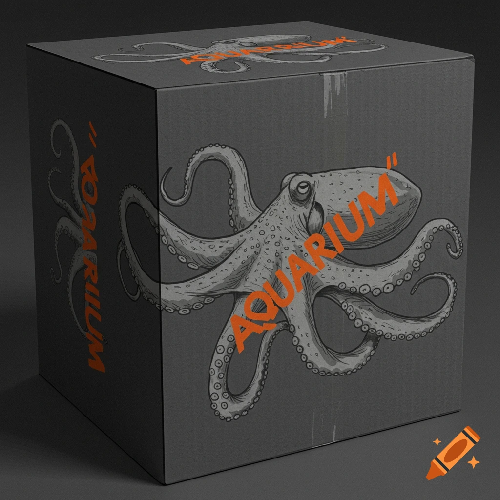 A deep grey cardboard box with a grey octopus illustration and orange text "AQUARIUM"