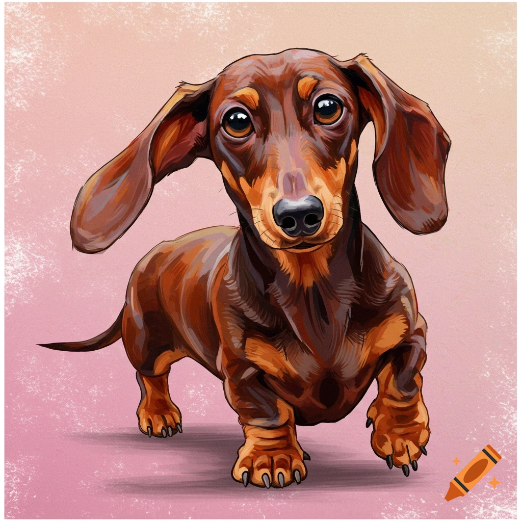A brown and tan Dachshund stands in a painting.