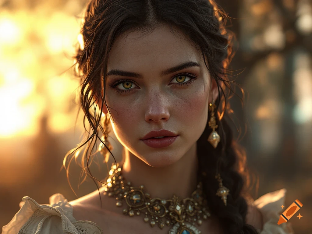 Close-up portrait of a woman with golden eyes in ornate jewelry and historical dress during golden hour.