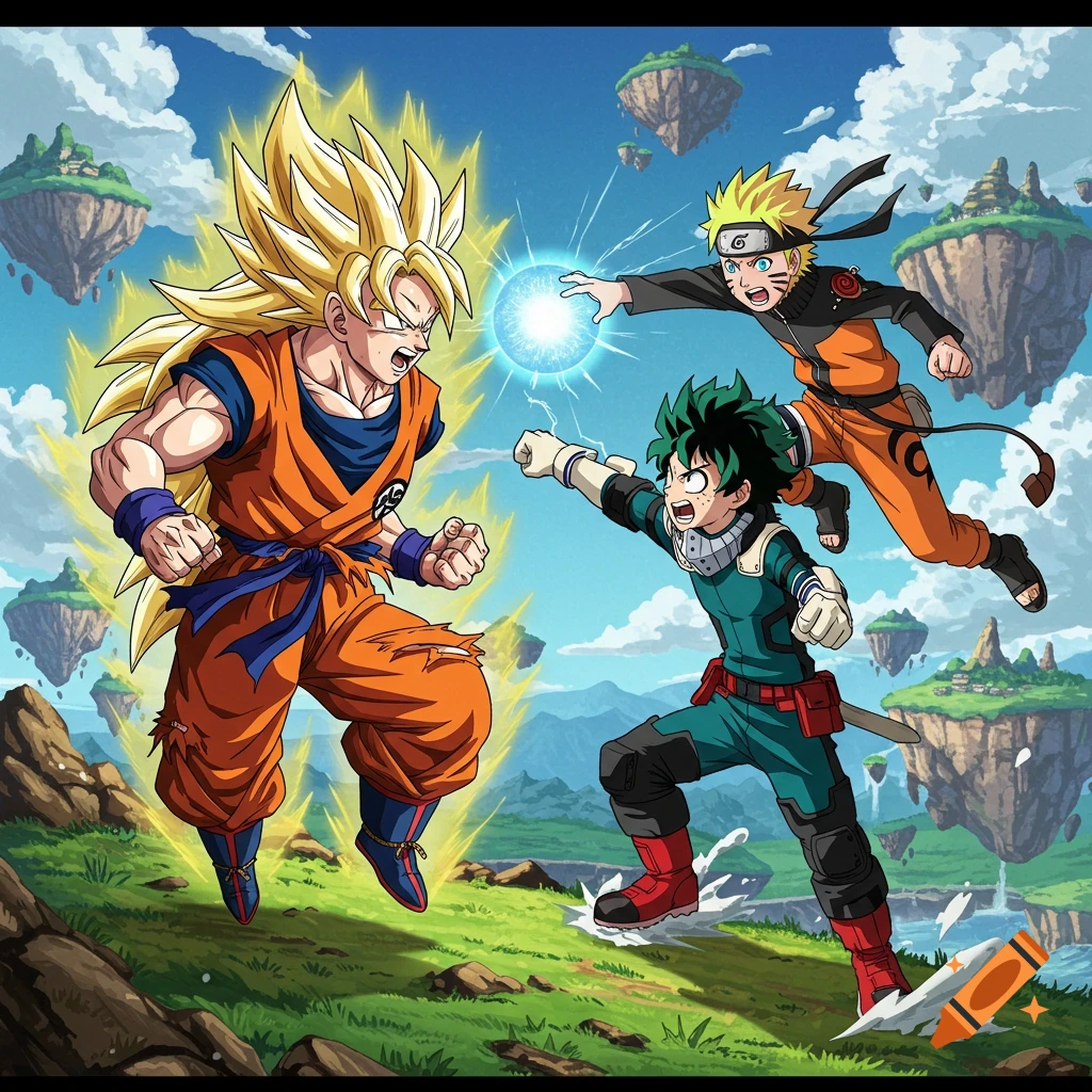 Goku powers up against Naruto and Deku in an anime style with floating islands.