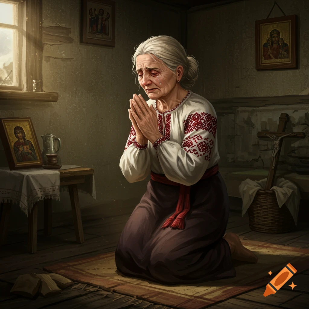An old woman is crying and praying on her knees in a rustic room with religious icons.