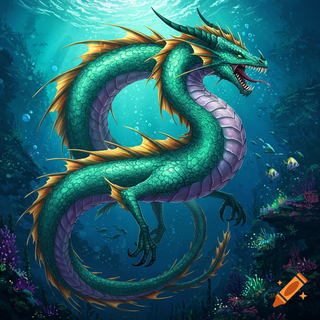 A large green and gold sea dragon swims in a vibrant underwater reef.