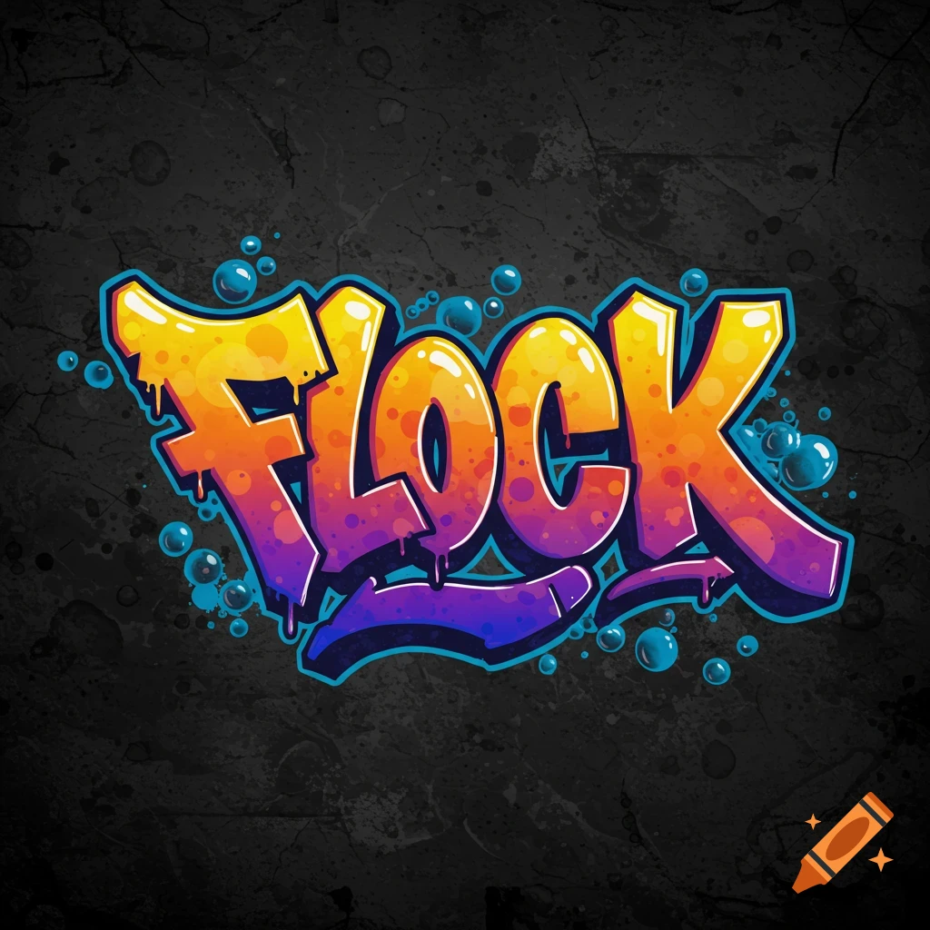 Graffiti art spelling 'FLOCK' in vibrant orange, yellow, and purple on a dark background.