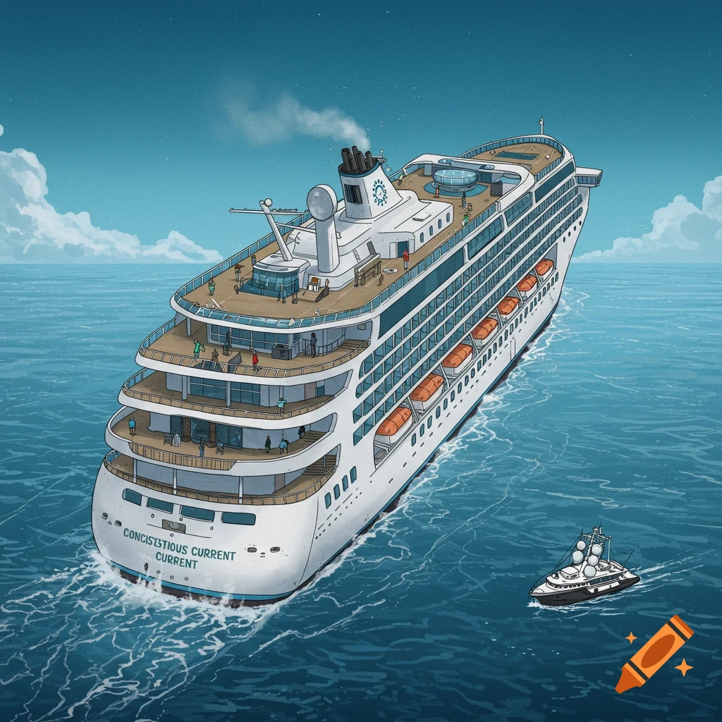 A large cruise ship and a smaller boat are sailing on the ocean.
