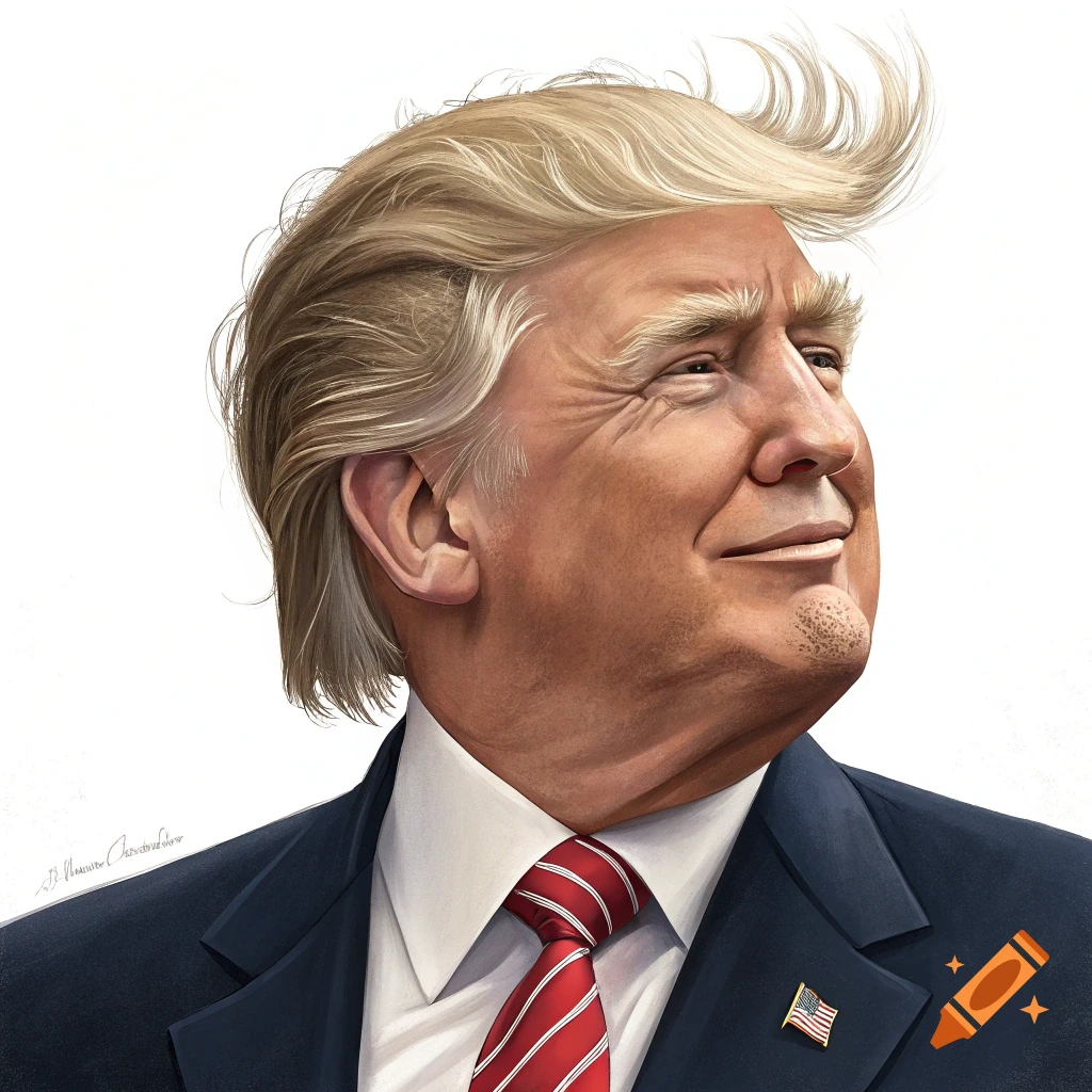 Close-up illustration of Donald Trump in a suit and red tie, looking upwards.
