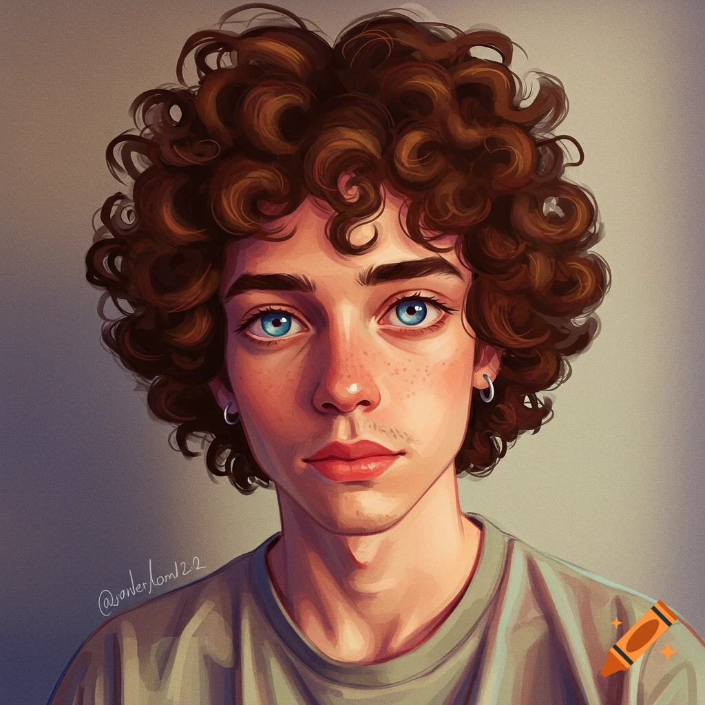 a young person with curly hair and blue eyes