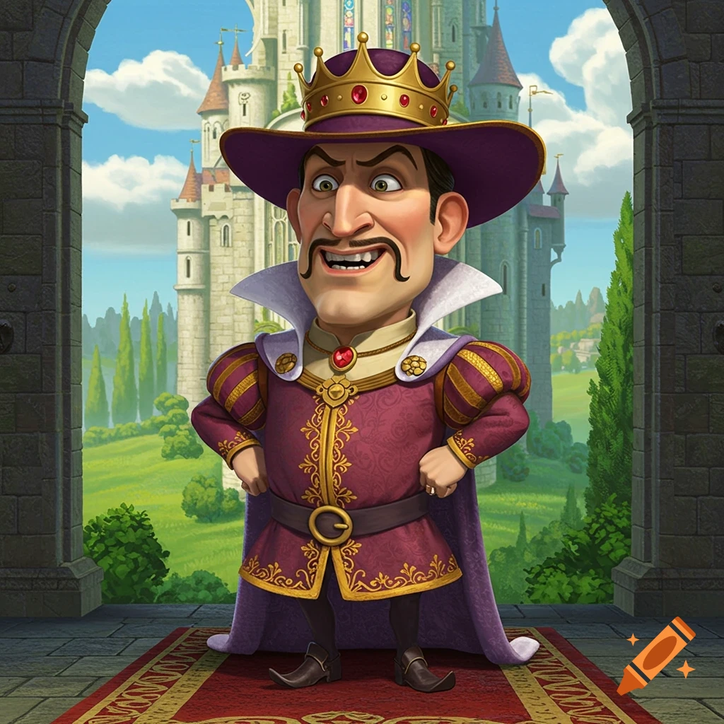 Cartoon character resembling Lord Farquaad in a purple hat and regal outfit standing in an archway before a castle.