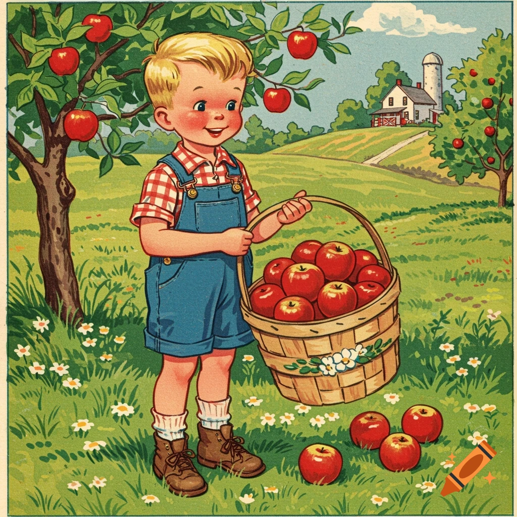 Vintage illustration of a boy with a basket of apples in an orchard.