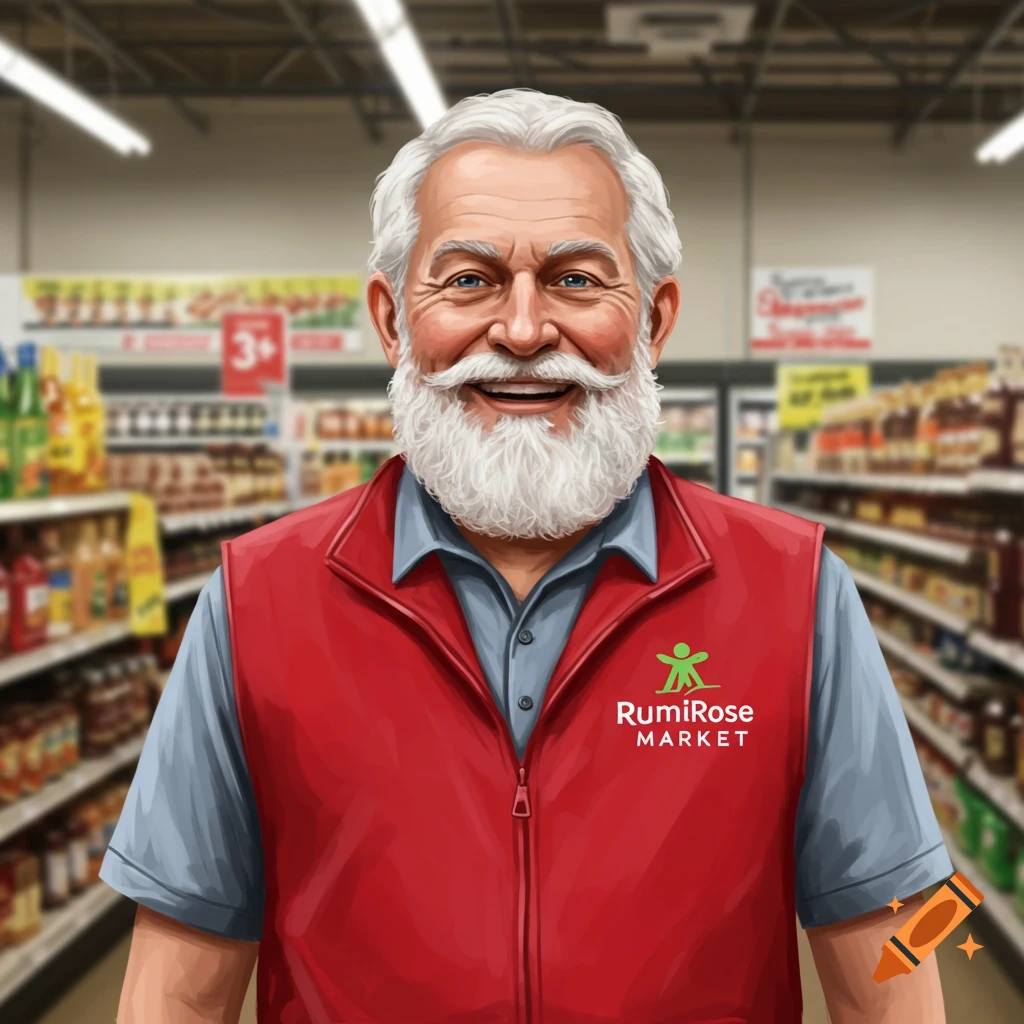 Smiling older man with white beard wears red vest with logo in grocery store.
