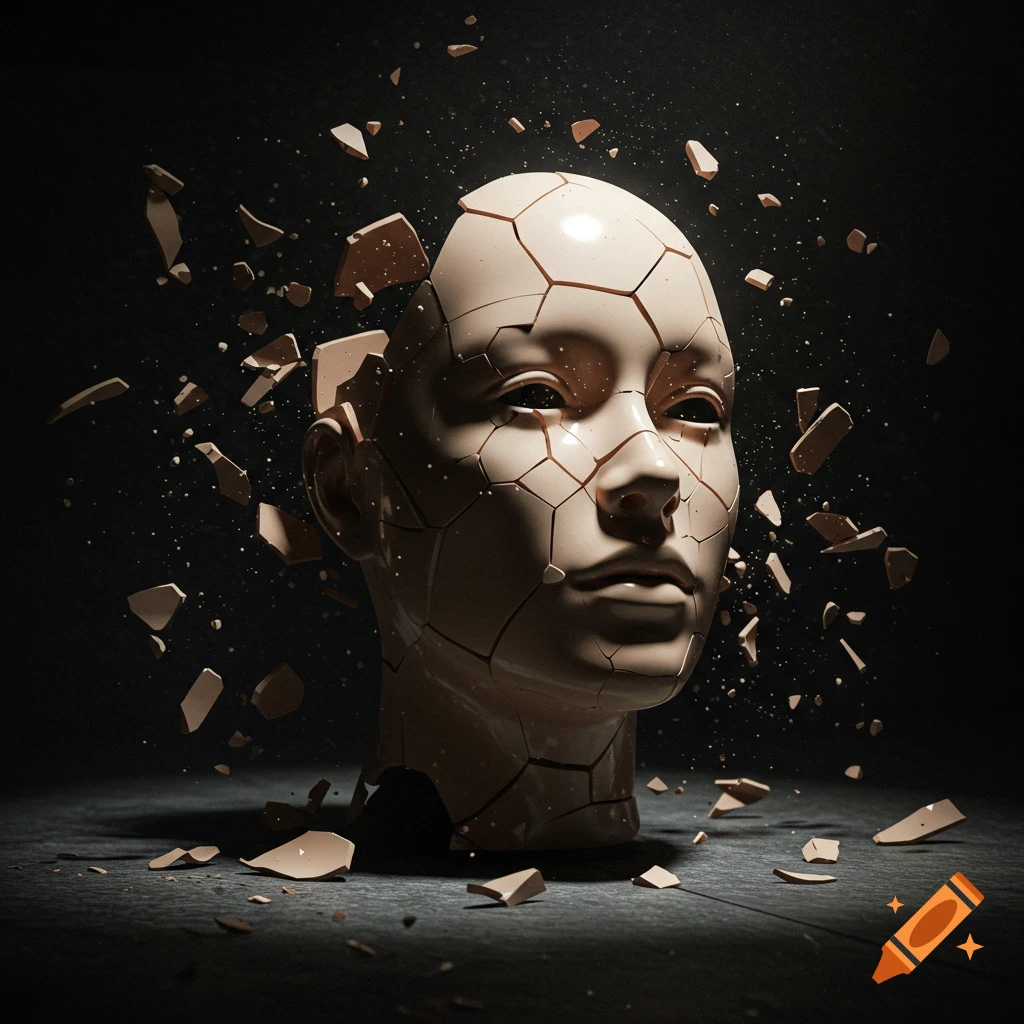 A shattered mannequin head with pieces breaking off and flying around it, on a dark background.