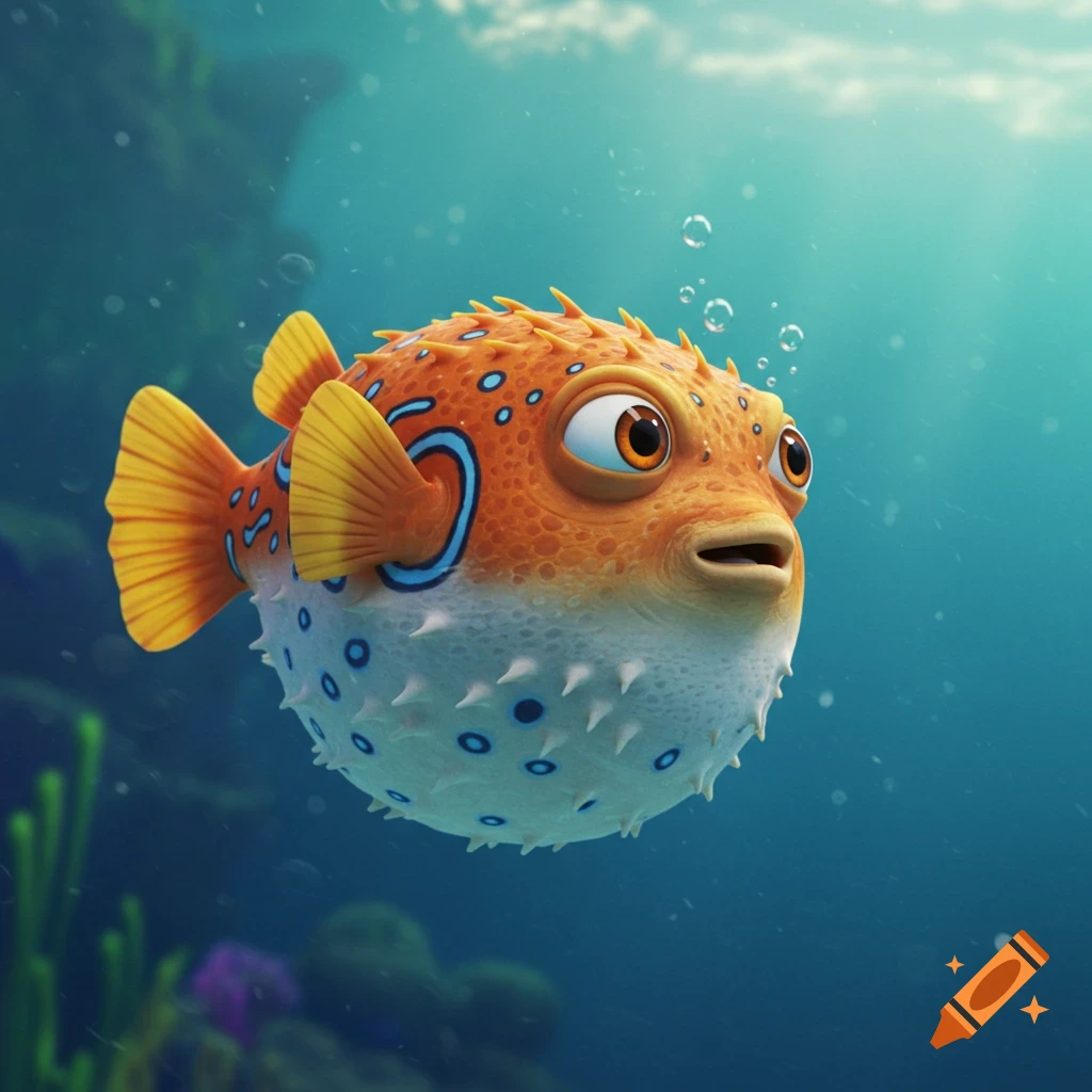 An animated puffer fish with orange, blue, and white markings swims underwater.