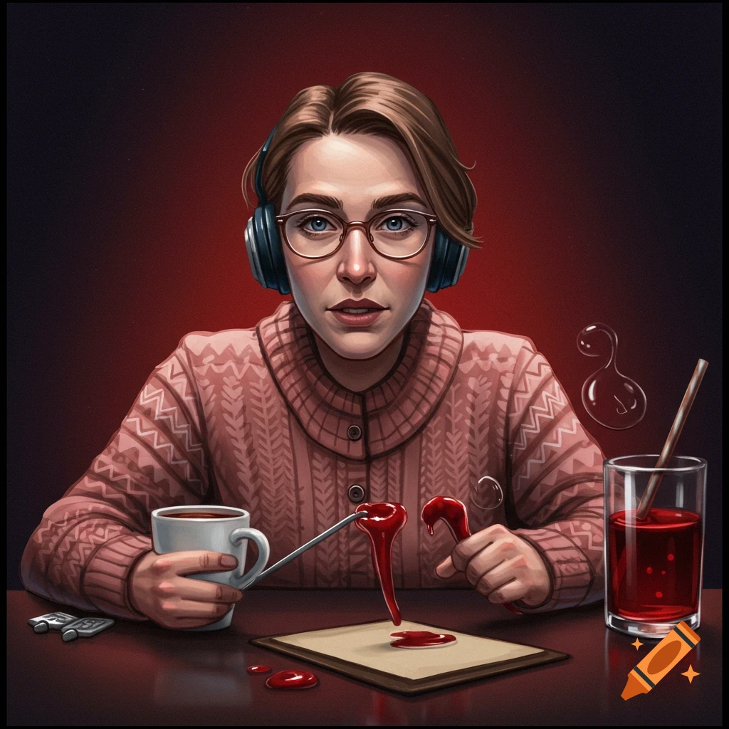 Painting of a woman with headphones and glasses, holding a cup and tool, working with red liquid on paper.