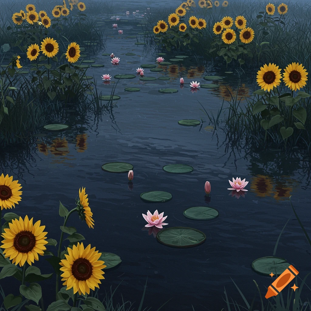 a dark swamp with sunflowers and pink lilies on lily pads