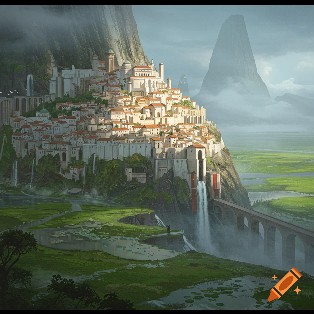 A fantastical city is nestled on a mountain cliff overlooking moors, with waterfalls cascading down the cliffs and a bridge connecting different parts of the city.