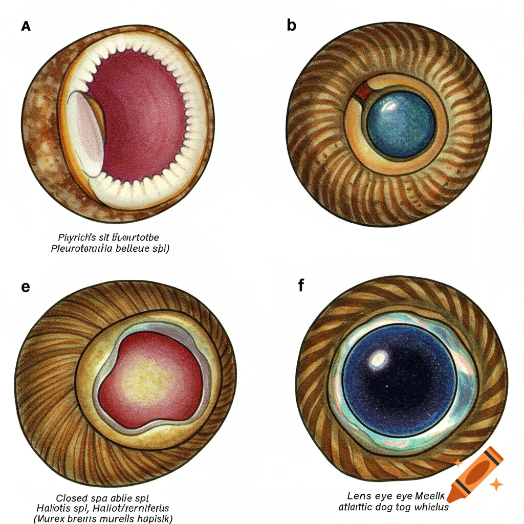 Scientific illustration showing four diagrams comparing different stages of gastropod mollusk eyes.