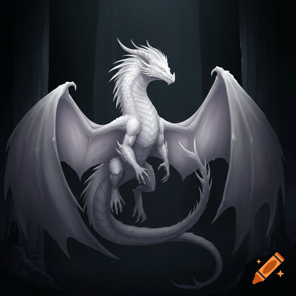 A white dragon glowing brightly in a dark cavern.