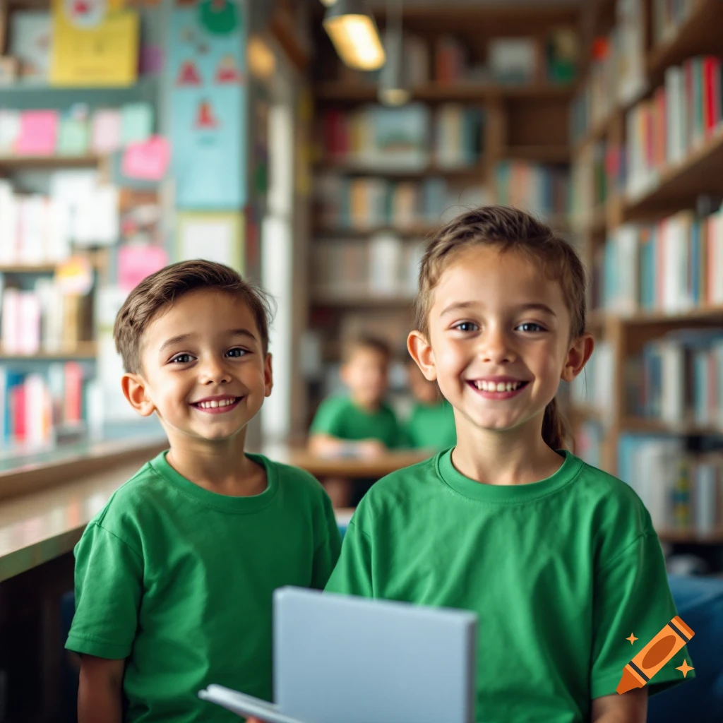 Two young children wearing green shirts smile in a library
