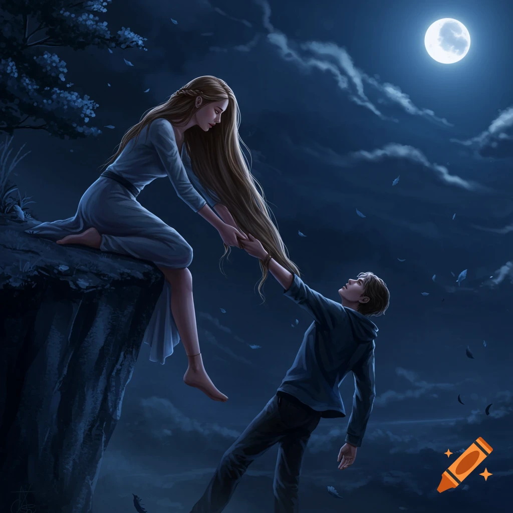 A woman pulls a man up from a cliff edge by their hands under a full moon at night.
