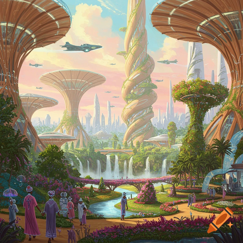 A vibrant, lush utopian city with futuristic buildings, waterfalls, gardens, and people.
