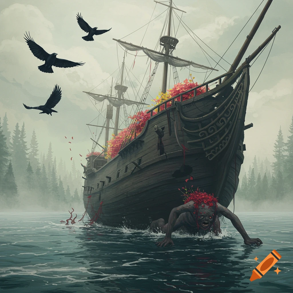 A spooky creature emerges from water near a large, dilapidated ship covered in flowers, with crows flying overhead.