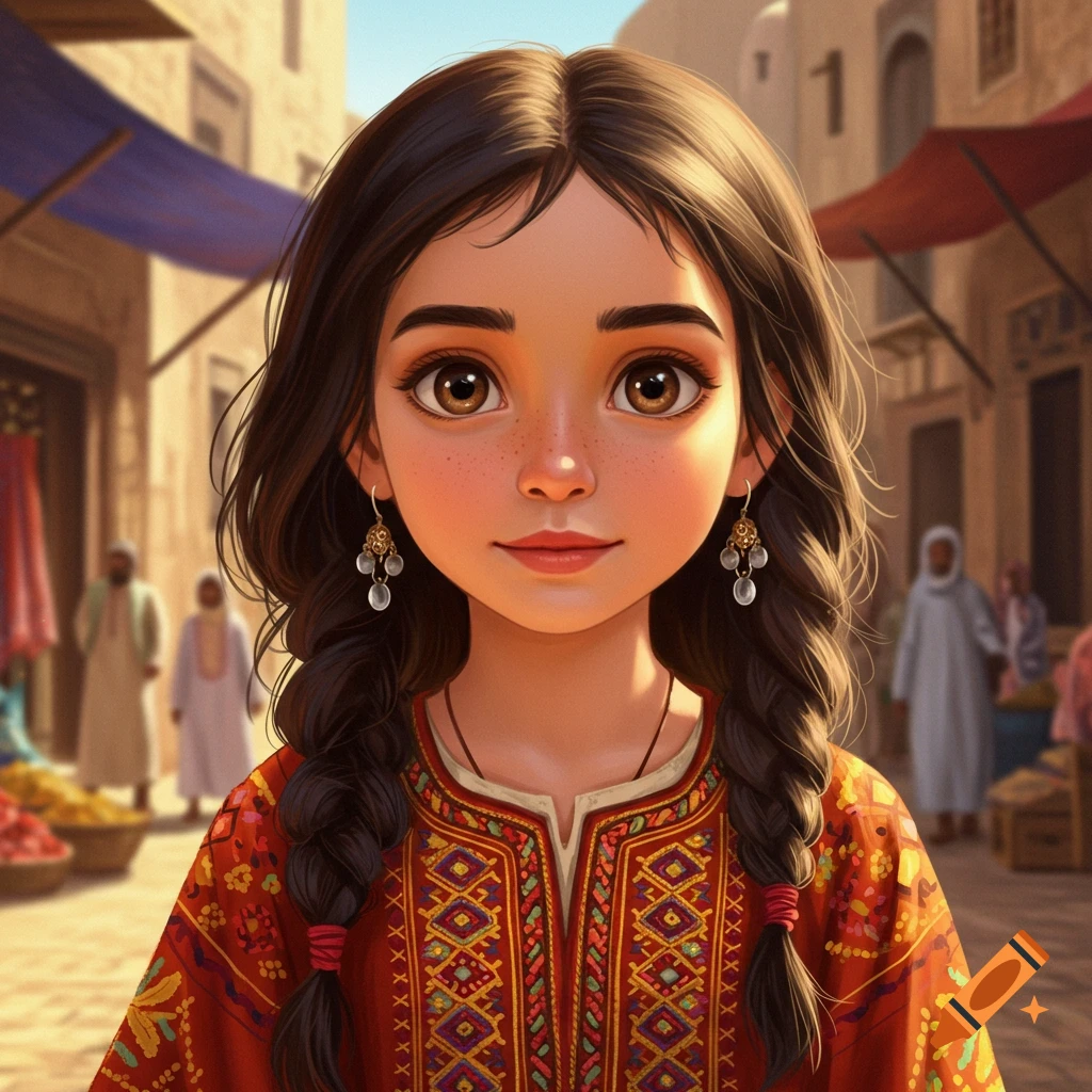 A girl with braided hair and traditional clothing is in a market.