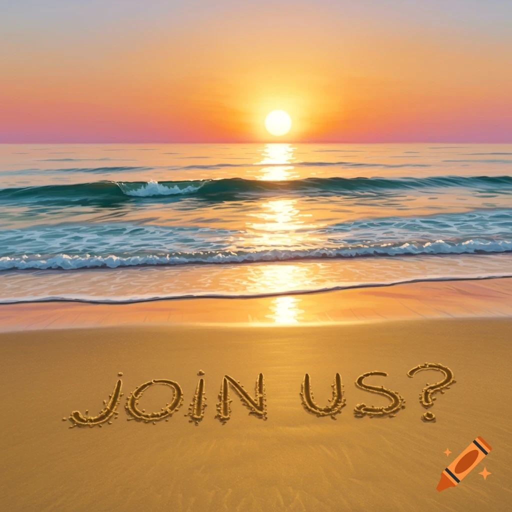 Words 'join us?' written in the sand on a beach at sunset.